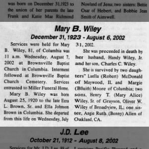 Obituary for Mary B. Wiley