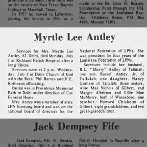 Myrtle Lee Antley, Obituary (9 Jul 1985)